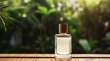 Close up perfume bottle on wooden table
