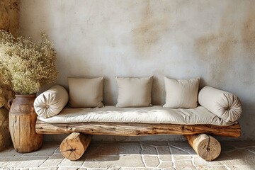 Fototapeta na wymiar Wood log bench with beige cushions against stucco wall with copy space. Rustic, boohoo home interior design of modern living room.