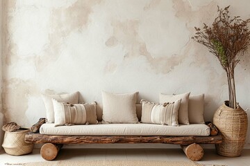 Wood log bench with beige cushions against stucco wall with copy space. Rustic, boohoo home interior design of modern living room.
