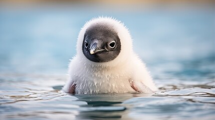 Penguin drifts on an ice floe. Bird in natural habitat. Cold landscape of the Antarctic. Natural backdrop. Illustration for cover, card, postcard, interior design, poster, brochure or presentation.