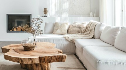 Wood slab accent table near white corner sofa in room with fireplace. Minimalist home interior design of modern living room.