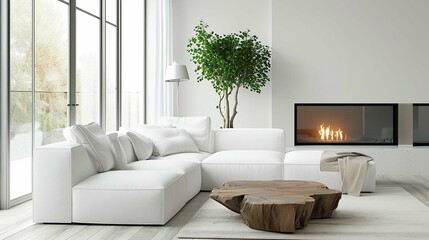 Wood slab accent table near white corner sofa in room with fireplace. Minimalist home interior design of modern living room.