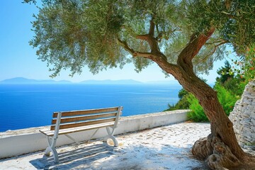 Wooden bench on summer white stone terrace and olive tree. Stunning sea view background, summer vacation concept.