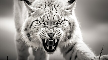 Close-up of the head of an aggressive lynx ready to attack. Wild animal in monochrome style. Illustration for cover, card, postcard, interior design, banner, poster, brochure or presentation.