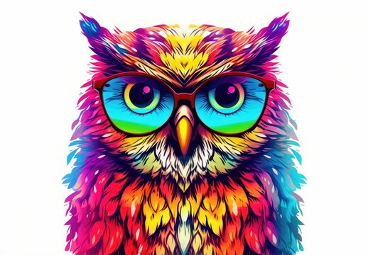 A cute multicolored owl with glasses is painted with watercolors. Close portrait of eagle-owl. Digital art. Printable design for t-shirt, bag, postcard, case and other products.