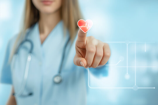 Female doctor clicking on a holographic heart, concept of starting treatment, checkup, medical exams