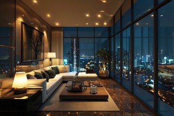 Living room with a view: Illustrate a luxurious living room in a penthouse with floor-to-ceiling...