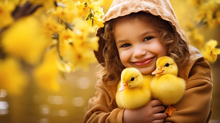 Little girl with ducklings, small girl with curly hair in brown hood hugs cute fluffy yellow baby ducks, yellow flower blossom - obrazy, fototapety, plakaty