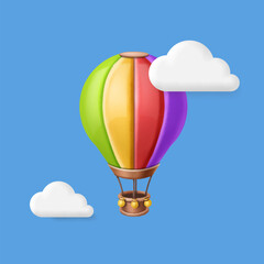 Fototapeta premium Hot air balloon flying in blue sky with clouds. 3d cartoon design. Vector background.