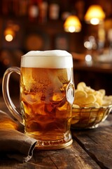 A golden mug of beer with a bowl of potato chips on a wooden table in a pub