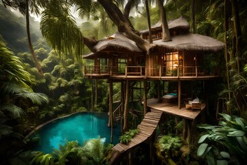 A tree house with swimming pool set amidst a tropical rainforest, with vibrant orchids and ferns framing the pristine waters