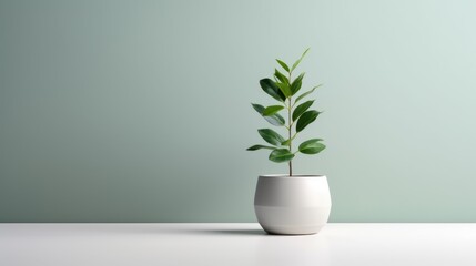 A decorative touch to any setting, a green houseplant flourishes in a handmade ceramic pot against a light background.