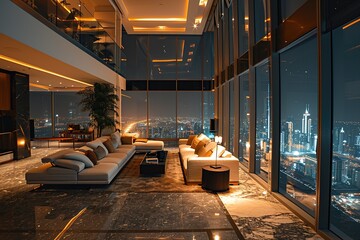 Luxurious penthouse in Dubai. Modern living room with night city view - obrazy, fototapety, plakaty