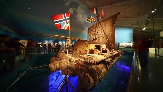 Interior of the Kon Tiki museum. famous expedition voyage by explorer Thor Heyerdahl. Tourist attraction and landmark in Oslo, Norway