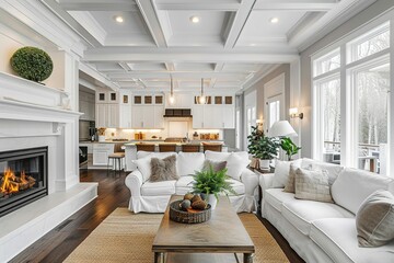 Luxurious white kitchen and living room in a big house.