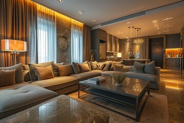 Luxury apartment suite lounge. Luxury beige modern hotel bedroom. Modern living room design. Penthouse modern living room in the style of contemporary.