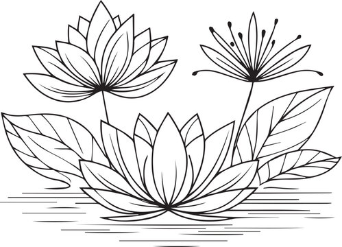 Single line drawing of beauty fresh waterlily for home wall art decor. Printable poster decorative waterlily flower concept. Modern line drawing waterlily flower design vector illustration
