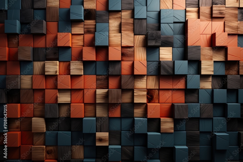 Poster A striking display of a wall composed of wooden blocks in various colors, arranged in a cohesive yet eclectic pattern. Each block contributes to a colorful and dynamic visual experience