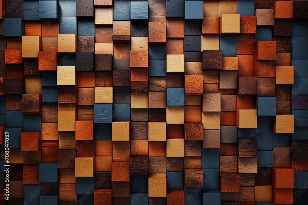 Poster wall constructed entirely of wooden blocks. The blocks are arranged in an abstract pattern, creating a unique and artistic display
