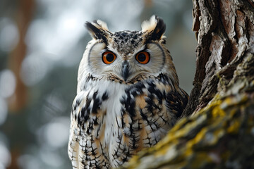A beautiful wild white and black owl with red eyes sits on a tree and looks at the camera in close-up