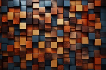 wall constructed entirely of wooden blocks. The blocks are arranged in an abstract pattern, creating a unique and artistic display