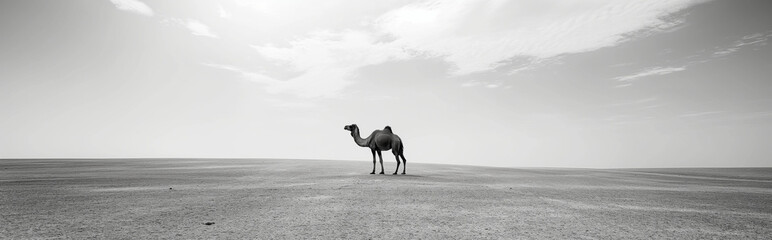 Black and white of a camel in the desert with sky background.Panorame view. Generative AI