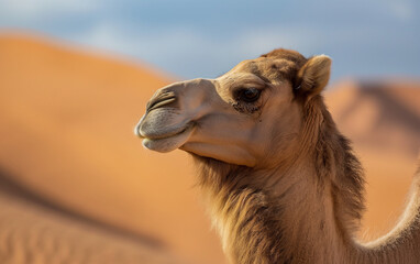Close up face of camel in the desert. Generative AI