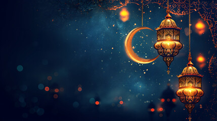 background themed ramadan month with hanging lantern and Crescent moon - obrazy, fototapety, plakaty