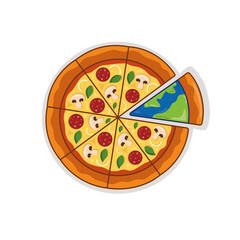 National Pizza Day February 9. National Pizza Day. Banner with delicious large pizza for the whole family with one piece of the planet image. Pizza Day Poster