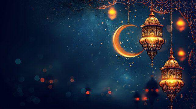 background themed ramadan month with hanging lantern and Crescent moon