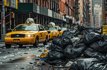 Yellow taxis blurred in the background with a sharp focus on a large heap of black trash bags on a...