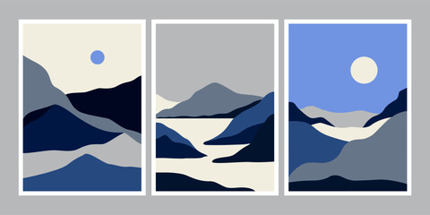 Abstract mountains landscapes. Modern scandinavian art with nordic hills silhouettes, moon sun, nature background travel adventure concept. Vector set