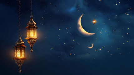 Obraz na płótnie Canvas background themed ramadan month with hanging lantern and Crescent moon