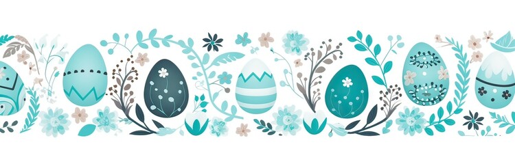 A seamless pattern featuring stylized Easter eggs and floral elements in pastel blue tones, ideal for spring-themed backgrounds. - obrazy, fototapety, plakaty