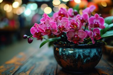 potted plant showcasing its vibrant pink orchid flowers in full bloom. The focus is on the...