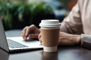 Close-up of a disposable coffee cup on a desk with a person typing on a laptop.