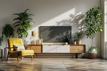 Mockup a TV wall mounted with decoration in living room and white wall. - obrazy, fototapety, plakaty