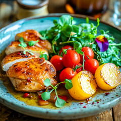 roasted chicken breasts potatoes and salad on a blue ceramic plate