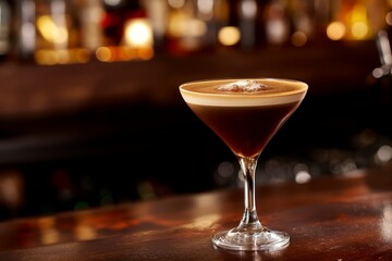 Espresso Martini cocktail with creamy top on the wooden bar counter against the cozy ambiance of bar