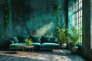 Modern green living room interior design and wall texture background