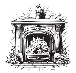 Fire in the fireplace line art color sketch engraving vector illustration. Scratch board imitation. Black and white hand drawn image.