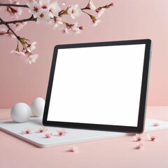 Mockup of a tablet screen on a table with a blossoming sakura branch.
