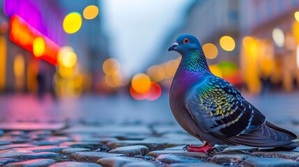 Colorful shimmering city pigeon, columba livia domestica sitting on cobblestones sidewalk in front of blurry buildings and lights background.