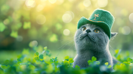 Cute British shorthair cat wearing St. Patrick's Day cat looking up in clover field with copy space, St Patrick Day cards, celebration background. - Powered by Adobe