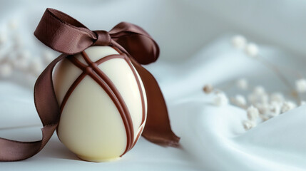 White chocolate Easter egg decorated with brown ribbon tie on graceful white blurred background...