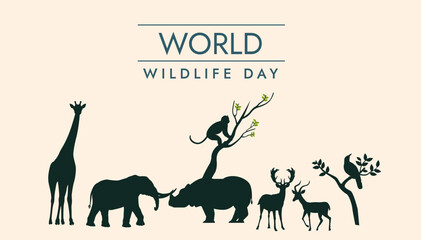 Vector world wildlife day, world wildlife conservation day poster or banner, flat background design with animals and nature.   
