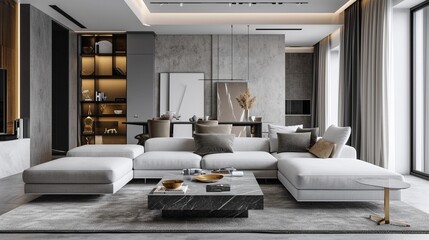 The inviting luxury of a spacious apartment's comfortable suite lounge unfolds in a symphony of refined details.