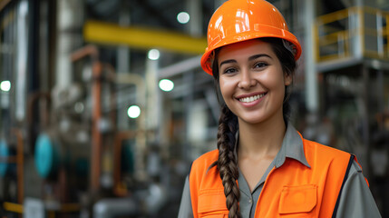 Young brunette female factory worker in an orange helmet with the factory in the background.