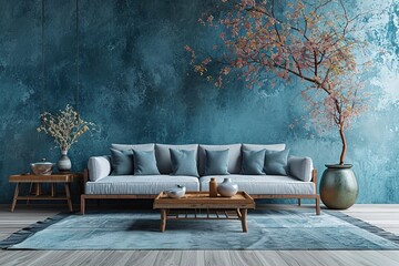 Moderno salon visto de frente con sofa y estaterias de madera, tonos azulados . Ilustracion de Ia...