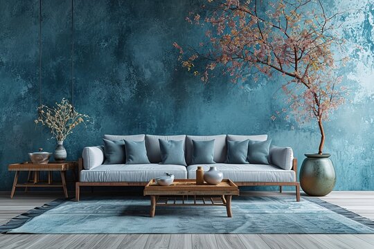 Moderno salon visto de frente con sofa y estaterias de madera, tonos azulados . Ilustracion de Ia generativa